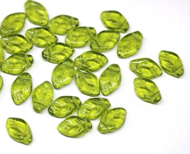 12x7mm Transparent olive green leaf beads Olivine Czech glass leaves top drilled, 30pc 1559 image 2