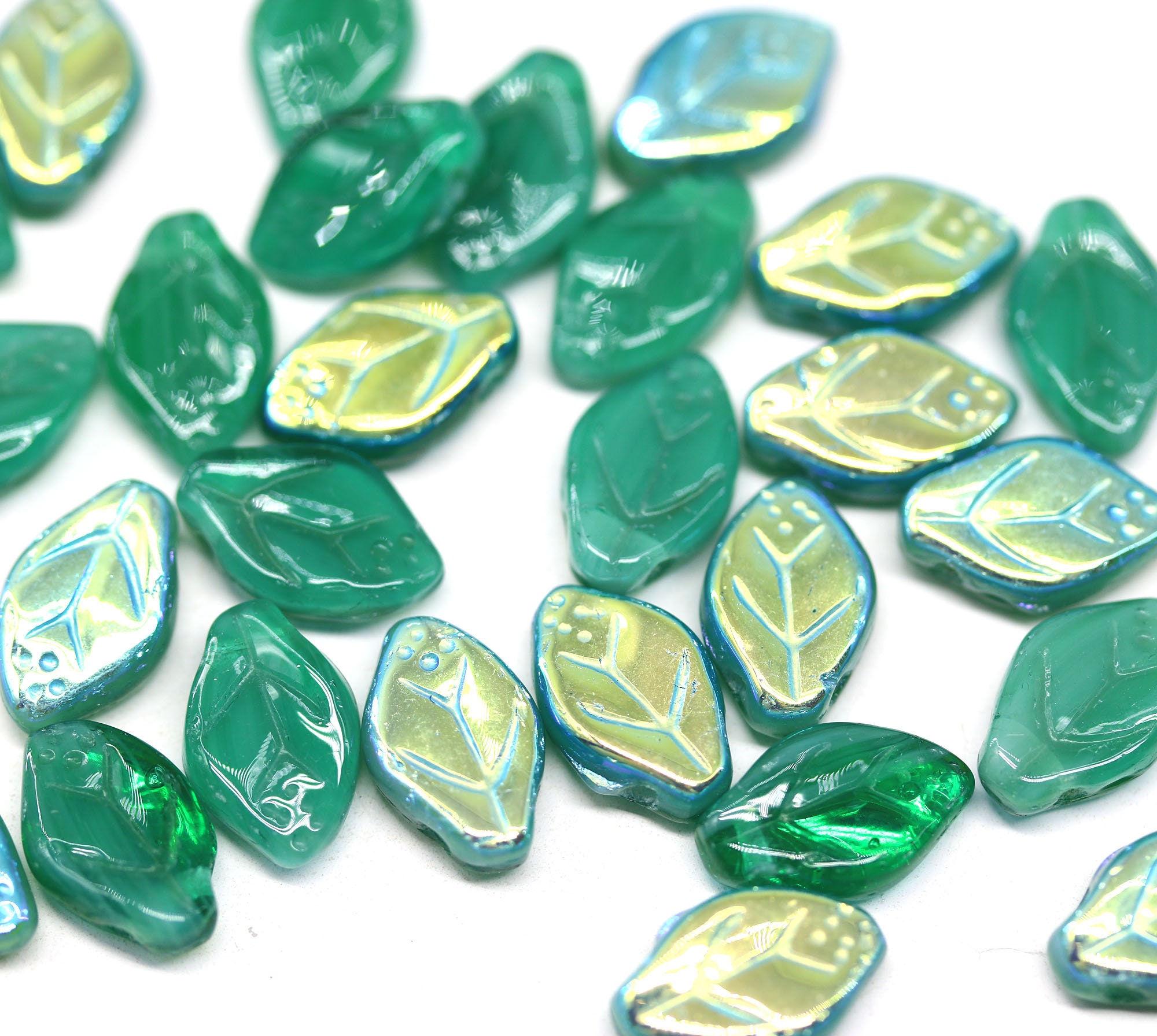 12x7mm Teal Glass Leaf Beads With Luster Czech Glass Pressed