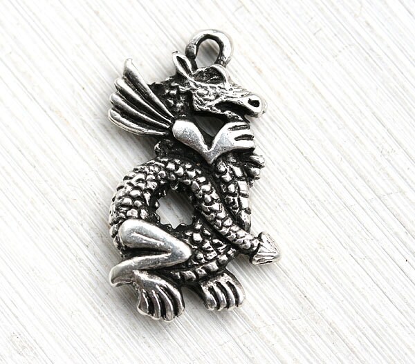 Antique Silver Dragon Charms, Greek Metal Casting Bead, Metal Dragon Pendant 2pc - 1183