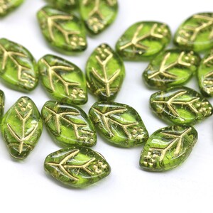 12x7mm Olive green leaf beads Gold wash Czech glass pressed olivine leaves 30Pc 3676 image 5