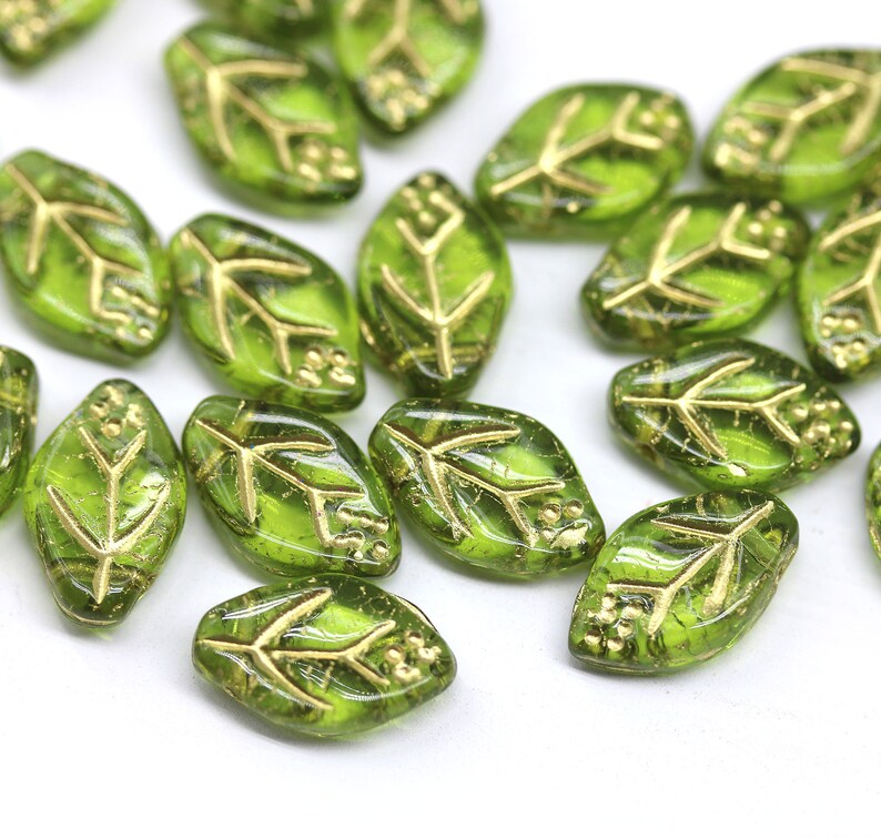 12x7mm Olive green leaf beads Gold wash Czech glass pressed olivine leaves 30Pc 3676 image 5