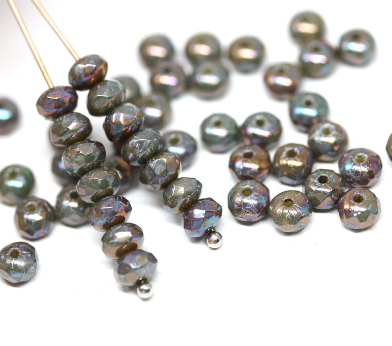 3x5mm Gray czech glass rondel beads, Mother of pearl shine gemstone cut rondelle bead 50Pc 2521 image 1