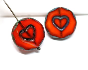 18mm Red orange Heart beads, Picasso czech glass heart, fire polished table cut beads 2pc - 1209