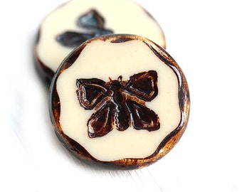 2pc Butterfly Focal beads, 26mm Extra large beads - Beige Brown with Picasso finish, czech glass, table cut, butterflies - 1771