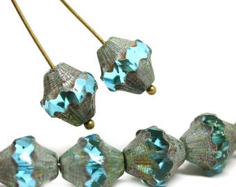 Aqua Blue 11mm bicone beads Baroque czech glass Picasso beads Fire polished large rustic bicones - 4pc - 2935