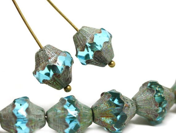 9mm Picasso Green Bicone beads Rustic czech glass carved aged beads 2898 15Pc