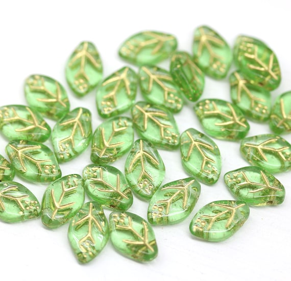 12x7mm Green Leaf Beads Golden Inlays Czech Glass Pressed Leaves