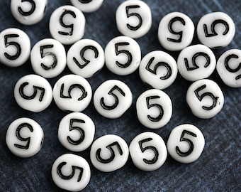 5 Number beads white czech glass beads with black inlays, number 5 bead, symbol, 6mm - 25pc - 2467