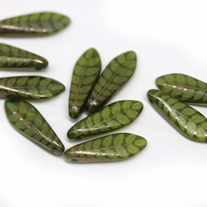 5x16mm Olive green Leaf ornament dagger czech glass beads Green leaf long tongue beads 10pc 2118 image 5