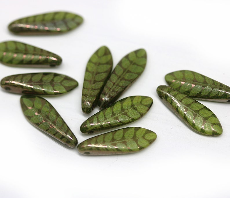 5x16mm Olive green Leaf ornament dagger czech glass beads Green leaf long tongue beads 10pc 2118 image 5