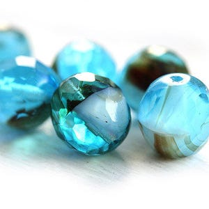 12mm Aqua Blue Czech Glass beads, Mixed blue tortoise fire polished large ball beads - 4Pc - 0577