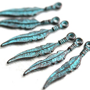 6pc Metal feather charm, Verdigris patina Copper feather Green patina boho charms, Native IndianTribal Ethnic style jewelry - F006