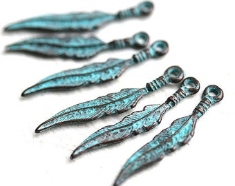 6pc Verdigris Patina Copper Feather Charms: Boho Jewelry Findings