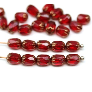 Dark Red Czech Glass Rice Beads with Golden Ends (6x4mm, 25pc)