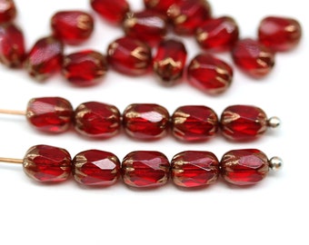 6x4mm Dark red Czech glass fire polished rice beads golden ends, small oval barrel 25pc - 1110