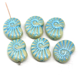 Nautilus Czech glass seashell beads, blue ammonite fossil 13x17mm, 6Pc - 3759