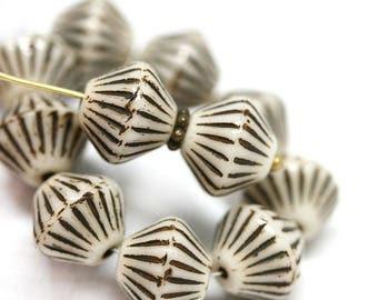 11mm Beige bicones, Brown stripes czech Glass beads, Light Beige large bicone beads, pressed czech beads - 10pc - 1506