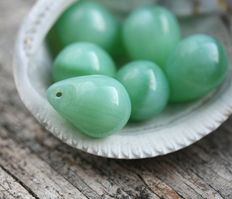 Jade green teardrops, Large czech glass drops briolettes, green raindrop 10x14mm 6Pc 0024 image 3