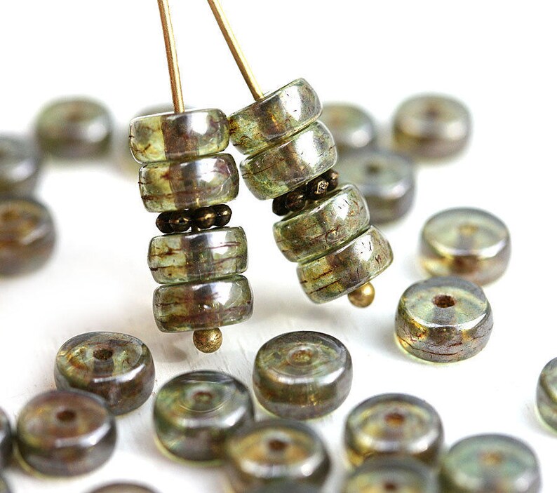 6x3mm pressed czech glass spacers green with luster rondels 40Pc 2921 Antique Green Picasso Rondelle beads