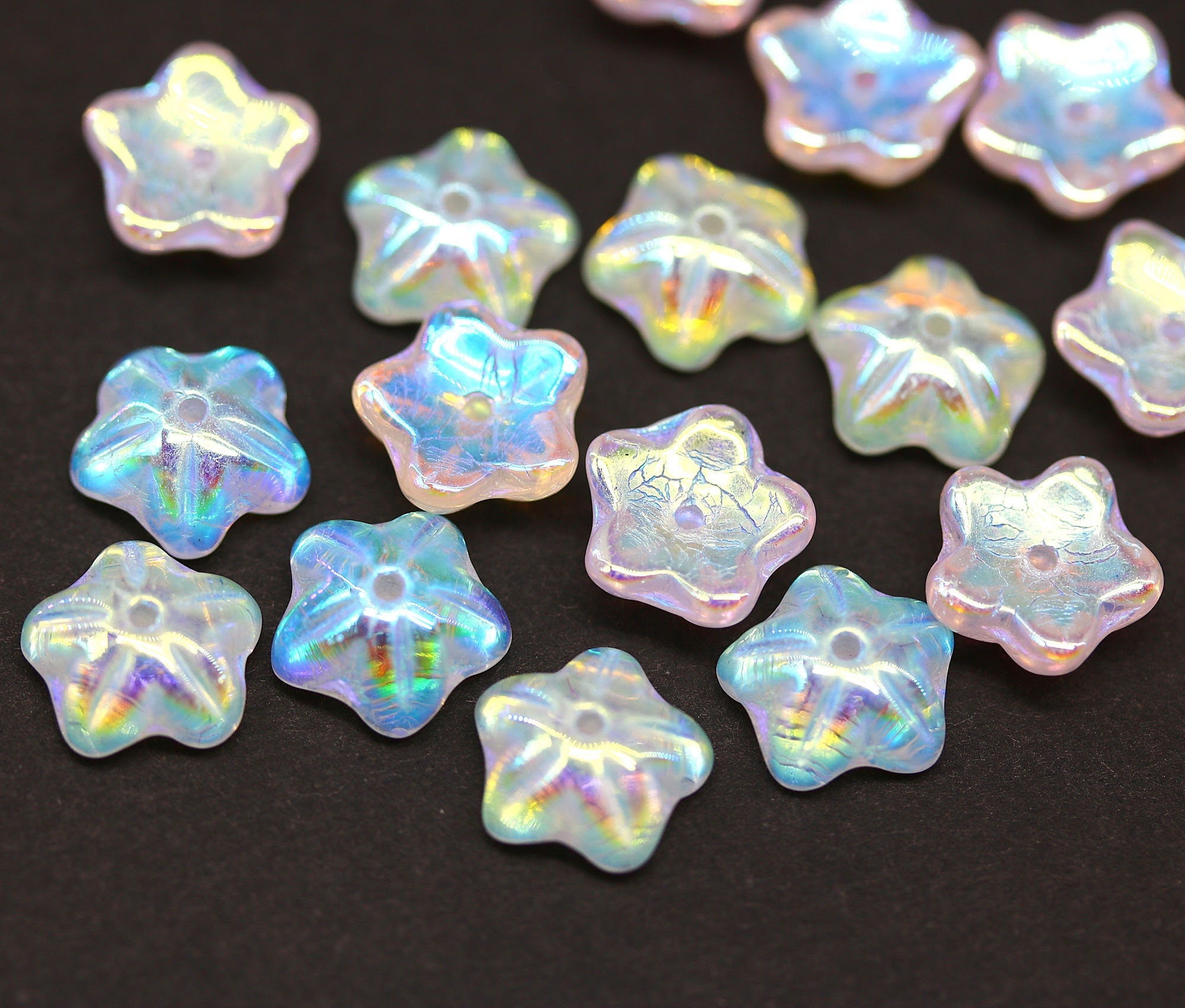 10mm Crystal clear czech glass flower caps, AB coating clear glass pressed bell flower beads 10Pc - 1822
