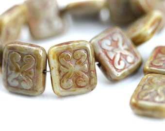 8pc Sage Green Picasso Czech Glass Beads: Carved Rectangle 12mm