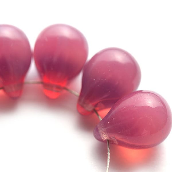 Opal Pink teardrop beads czech glass milky pink Briolettes Dark pink glass drops 10x14mm - 6Pc - 0234