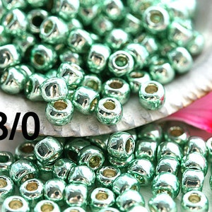 TOHO Seed beads, size 8/0, Permanent Finish  Galvanized Mint Green, PF570, metallic green seed beads - 10g - S868