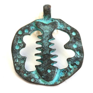 Verdigris Patina Fish Bone Pendant: Greek Metal Casting (32x28mm)