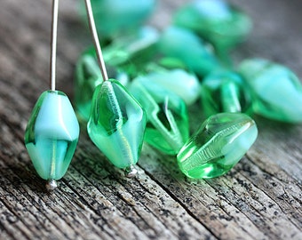 Seafoam green bicone beads 14x10mm Crystal shaped Czech glass green beads - 12Pc - 3049