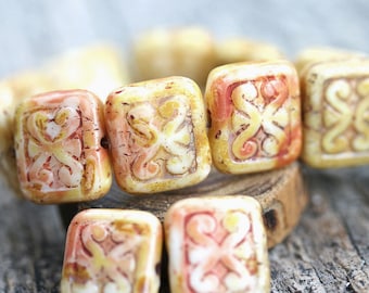 8pc Rustic Light Picasso beads, 12mm Rectangle Swirls Carved czech glass scroll beads - 12x11mm - 1550