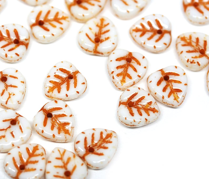 White Orange leaf beads, Heart shaped triangle leaf, White Czech glass small leaves petals 30pc 1406 image 1