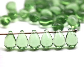 6x9mm Antique green czech glass drops, light green teardrops, 40pc - 4085