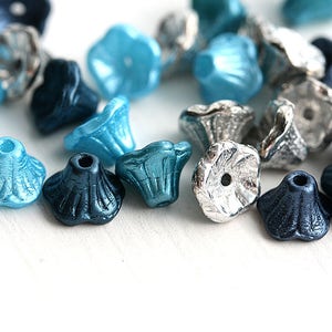 7x5mm Ocean Wave Flower Cups beads Mix, Blue, Silver, Petrol Blue, Teal, Czech glass beads, small bell beads 25Pc 2959 image 2