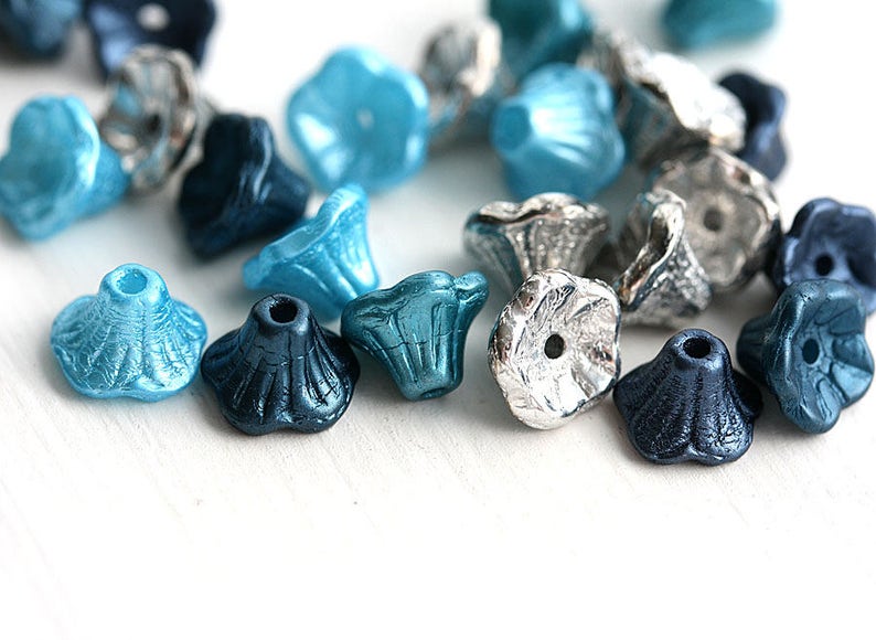 7x5mm Ocean Wave Flower Cups beads Mix, Blue, Silver, Petrol Blue, Teal, Czech glass beads, small bell beads 25Pc 2959 image 2