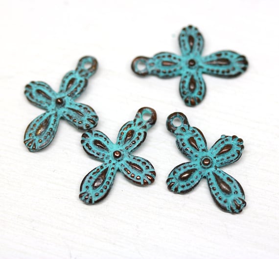 4pc Green Patina Cross Charms: Copper Jewelry (18mm)
