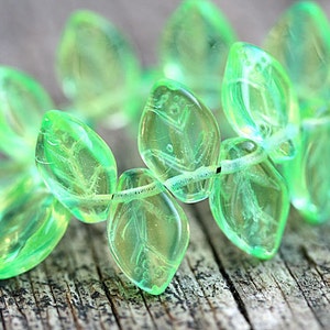 Green and Yellow leaves, Czech glass beads, green leaf beads, 12x7mm - 25Pc - 0060