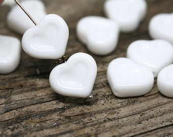 White Heart beads, 14mm Czech glass hearts Opaque White pressed beads - 10pc - 1435