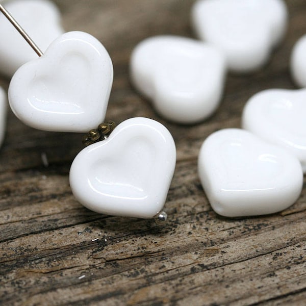 White Heart beads, 14mm Czech glass hearts Opaque White pressed beads - 10pc - 1435