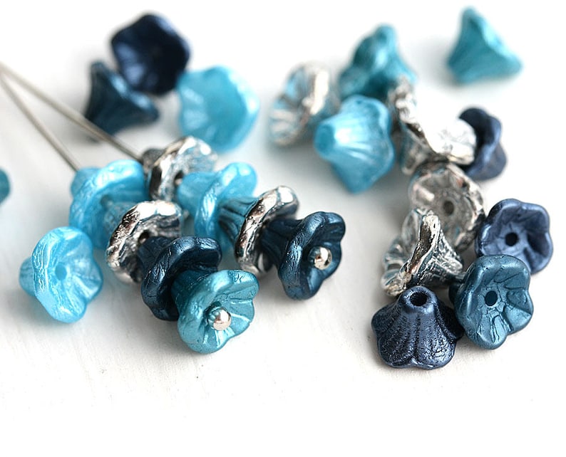 7x5mm Ocean Wave Flower Cups beads Mix, Blue, Silver, Petrol Blue, Teal, Czech glass beads, small bell beads 25Pc 2959 image 1