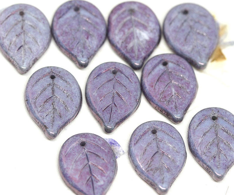 Large Purple Lustered leaf beads Purple czech glass beads Big size leaf, flat leaf bead 18mm 10Pc 2762 image 2