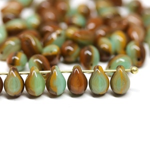 70pc Brown green teardrops, 5x7mm czech glass top drilled drop beads for jewelry making - 1356
