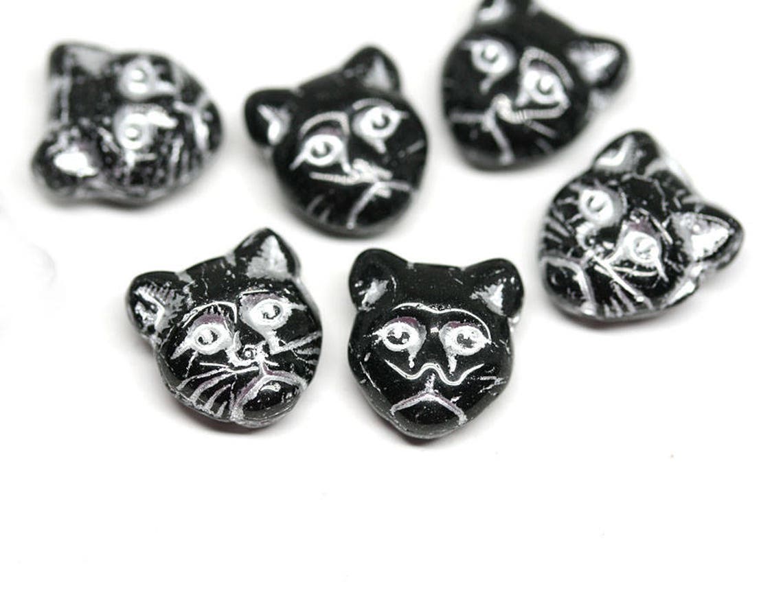 Black glass Cat beads mix Black Silver czech glass beads Etsy