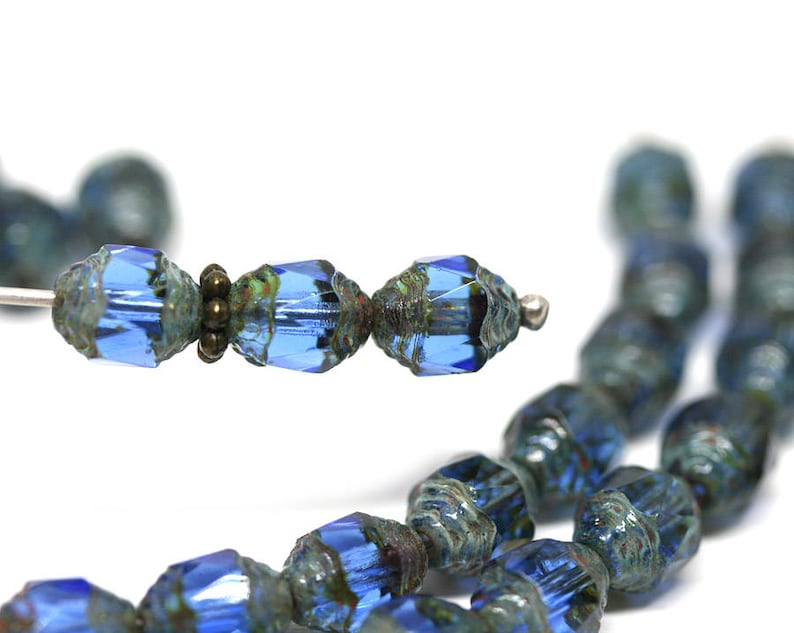 8x6mm Blue cathedral beads Picasso czech glass barrel beads Fire polished Sapphire blue beads 15Pc 0927 image 2