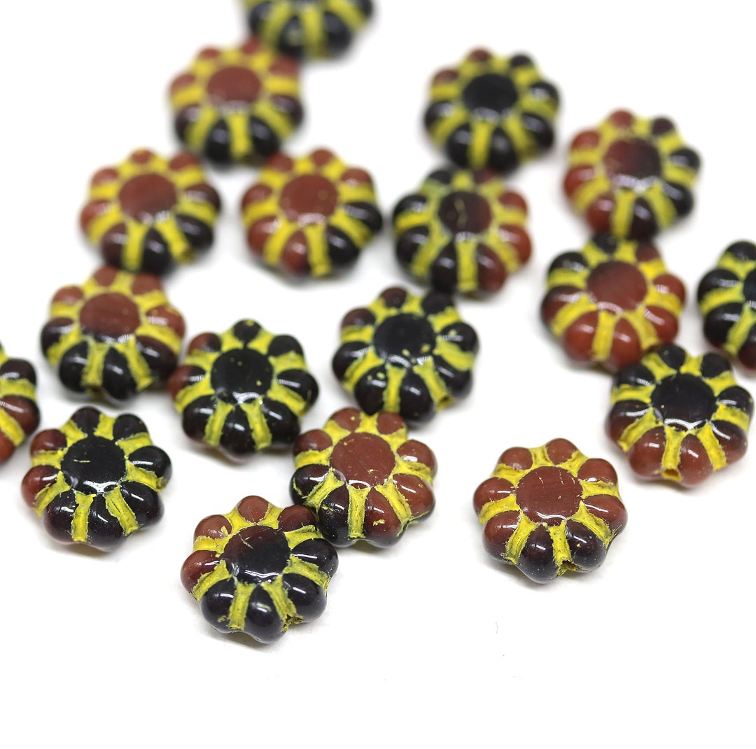 9mm Black Brown Daisy Flower Beads Yellow Inlays Czech Glass Etsy