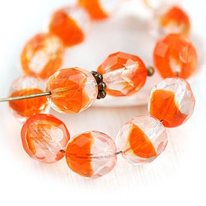 8mm Czech round Orange beads, Crystal Clear and Orange fire polished faceted ball beads - 15Pc - 0938