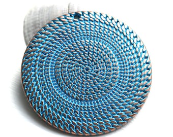 50mm Extra Large Heavy Round pendant, Circle, Disk, Blue patina on copper, Spiral, Greek metal casting - 1pc - F469