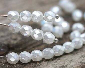 5mm White Faux pearls White Czech glass round beads fire polished faceted faux pearl spacers 30Pc - 1686