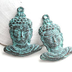 Buddha face charms Green patina buddhist charms Copper buddha beads yoga jewelry Greek metal casting - F606