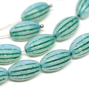 Opal Green oval beads Carved Large czech glass green barrel beads Long pressed beads 14x8mm - 8Pc - 0589