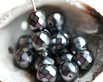 8mm Steel Grey beads, Dark Silver Czech glass faux pearls coating, fire polished round faceted beads - 15Pc - 2902